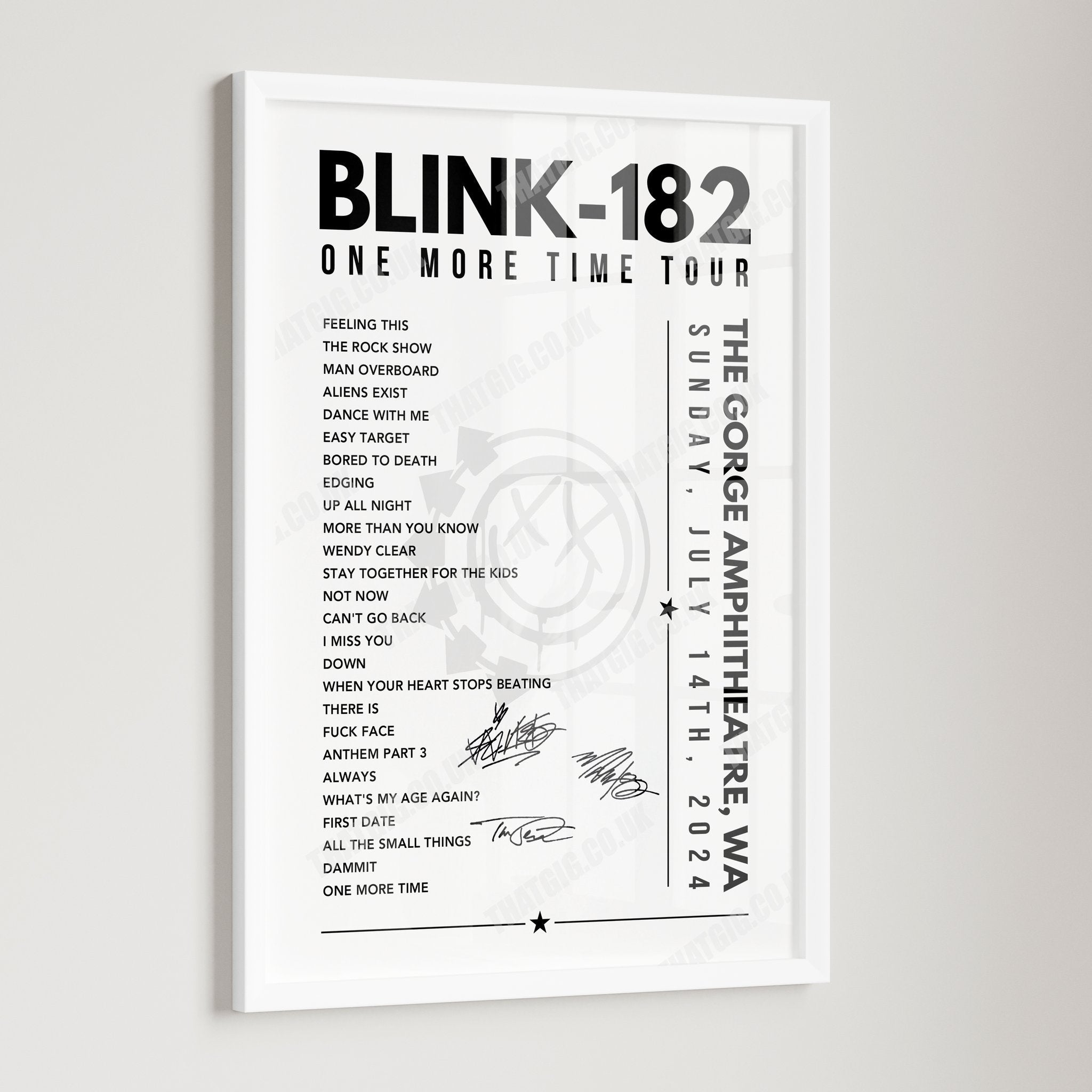 Blink-182 Setlist Poster - The Gorge Amphitheatre, George, USA - July 14th, 2024