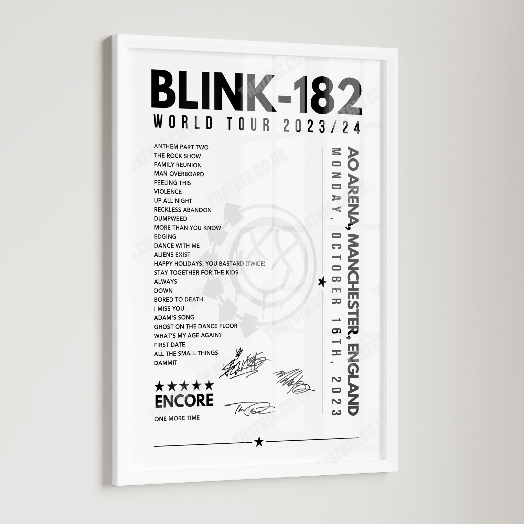 Blink-182 Setlist Poster - AO Arena, Manchester, England - Oct 16th 2023