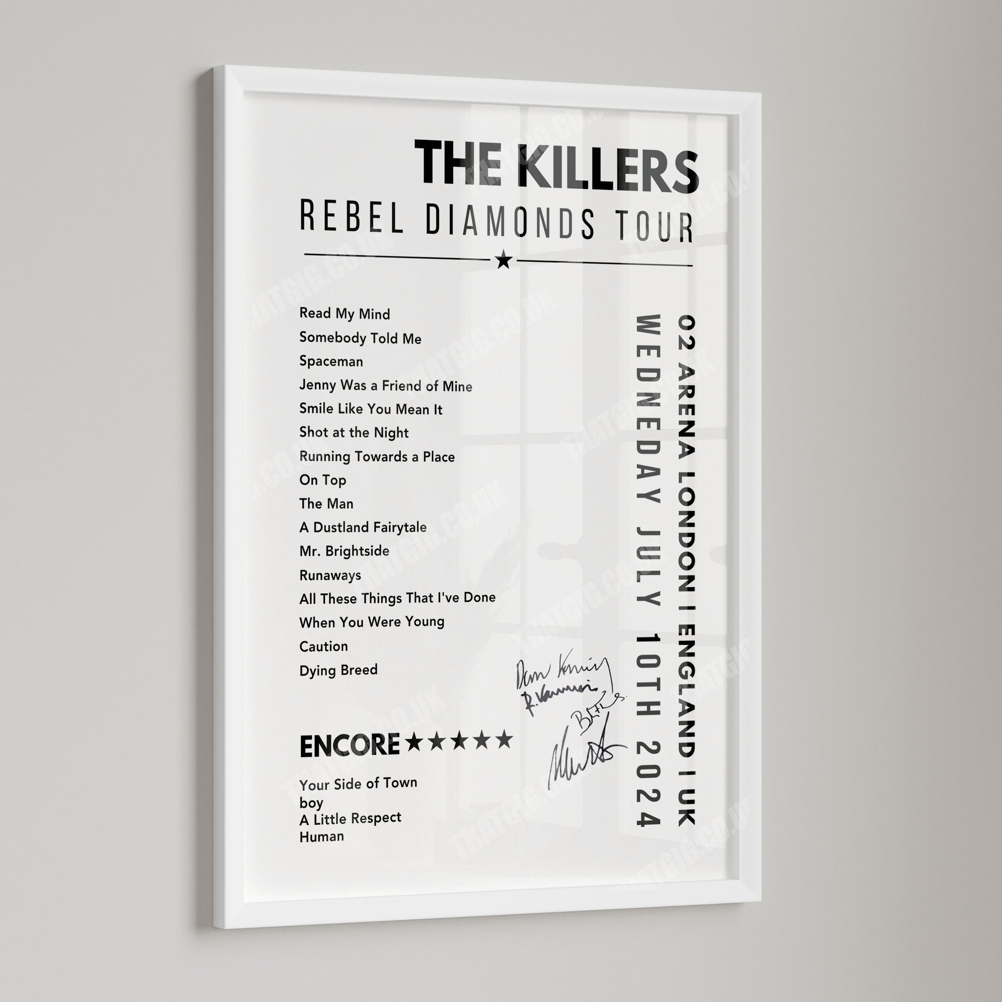 The Killers Setlist Poster - 02 Arena, London, England on July 10th, 2024