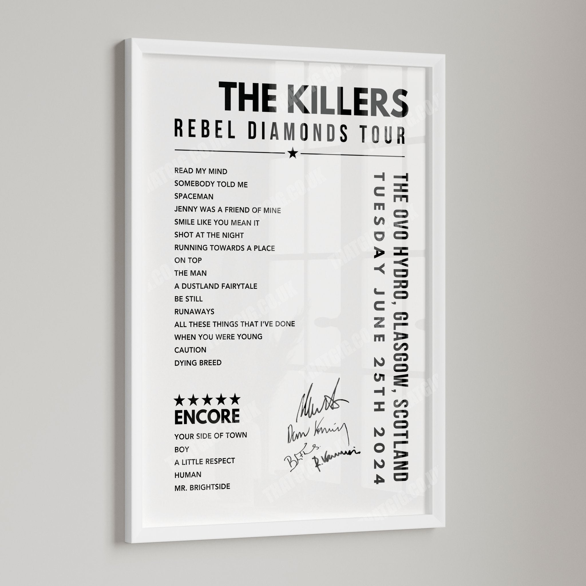 The Killers Setlist Poster - The OVO Hydro, Glasgow - June 25th, 2024
