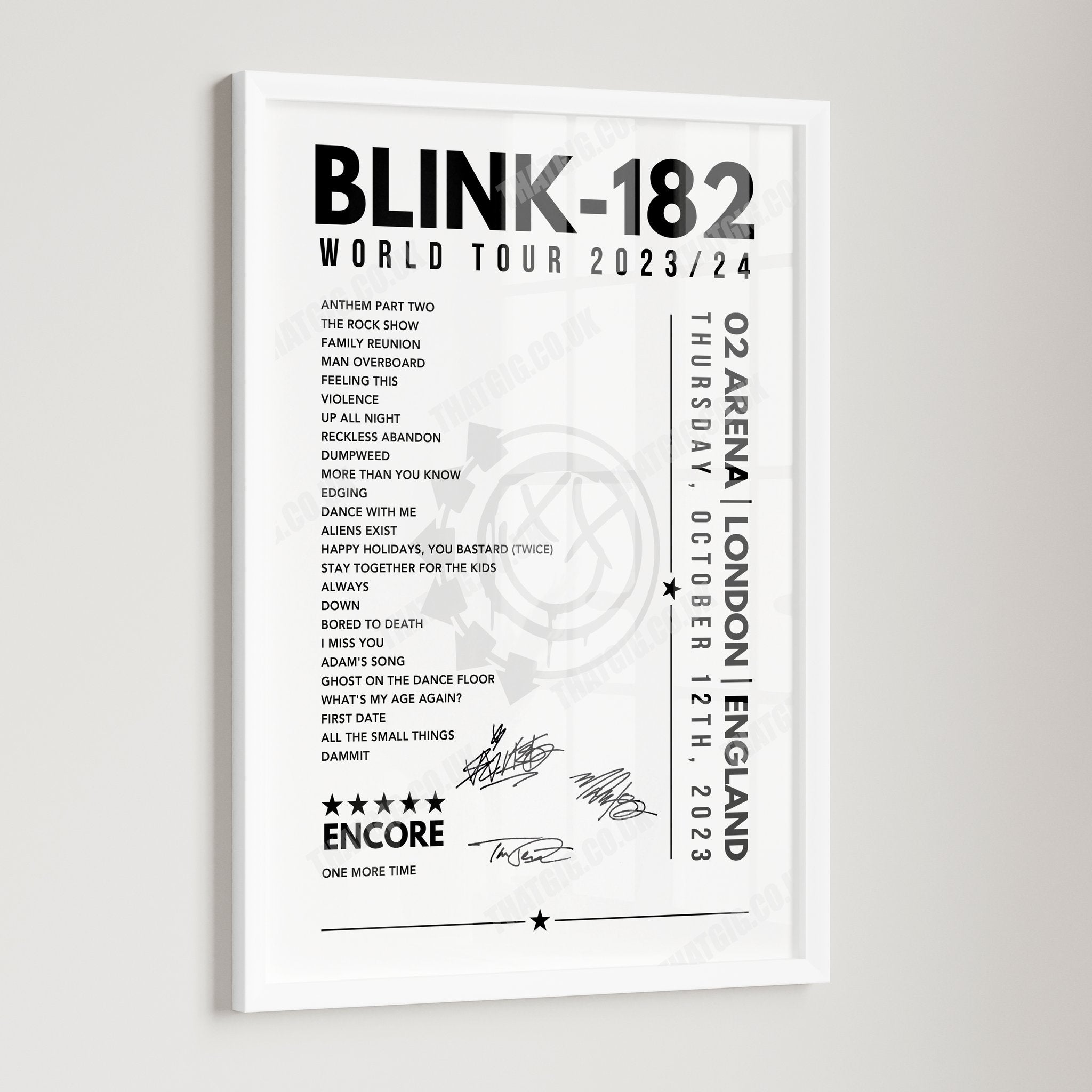 Blink-182 Setlist Poster - The O2 Arena, London - October 12th, 2023
