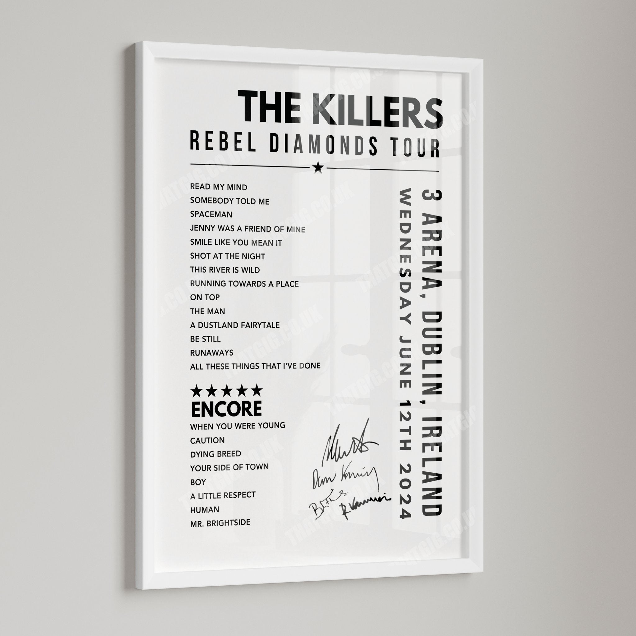 The Killers Setlist Poster - at the 3Arena, Dublin - June 12th, 2024