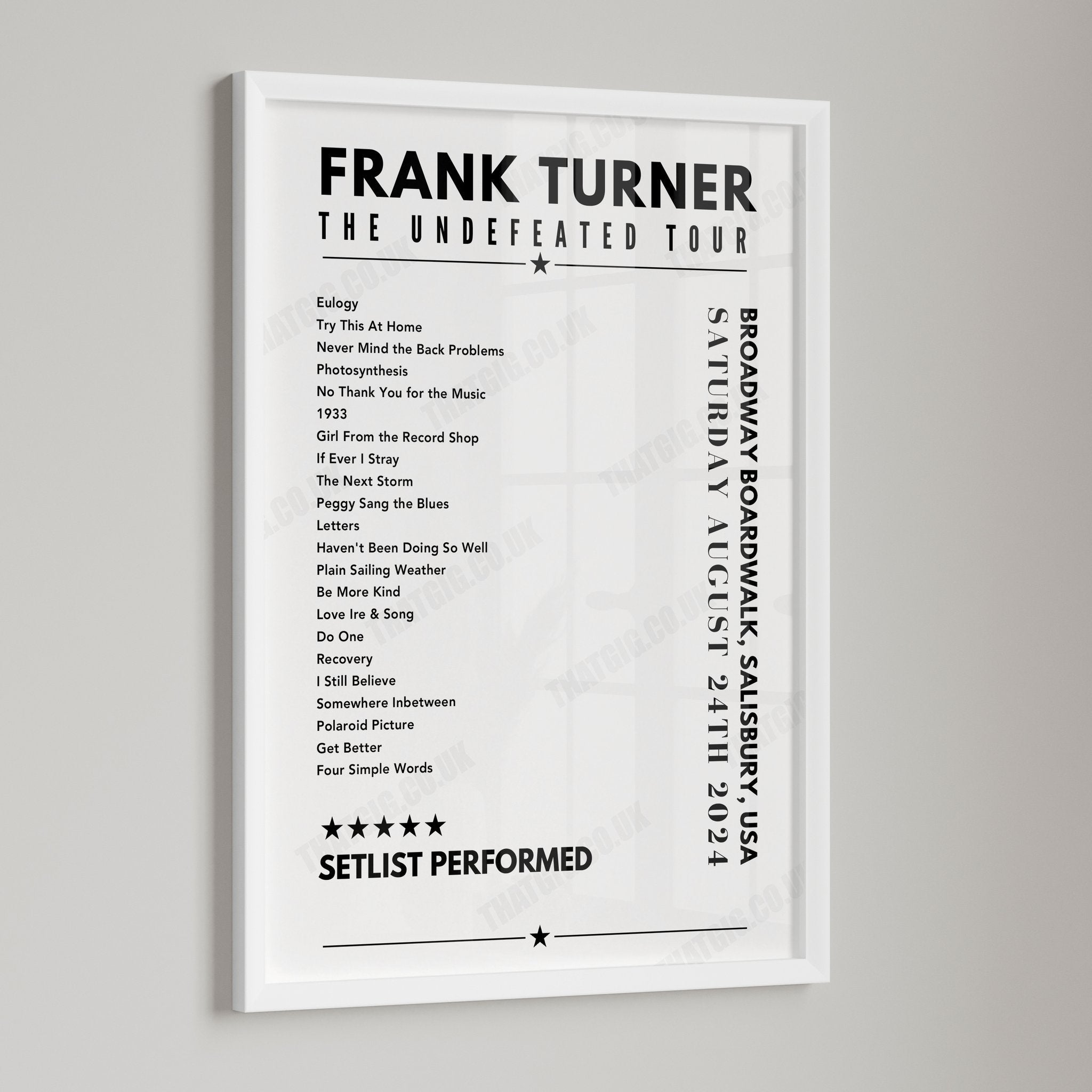 Frank Turner Setlist Poster - Broadway Boardwalk, Salisbury Beach - August 24th, 2024