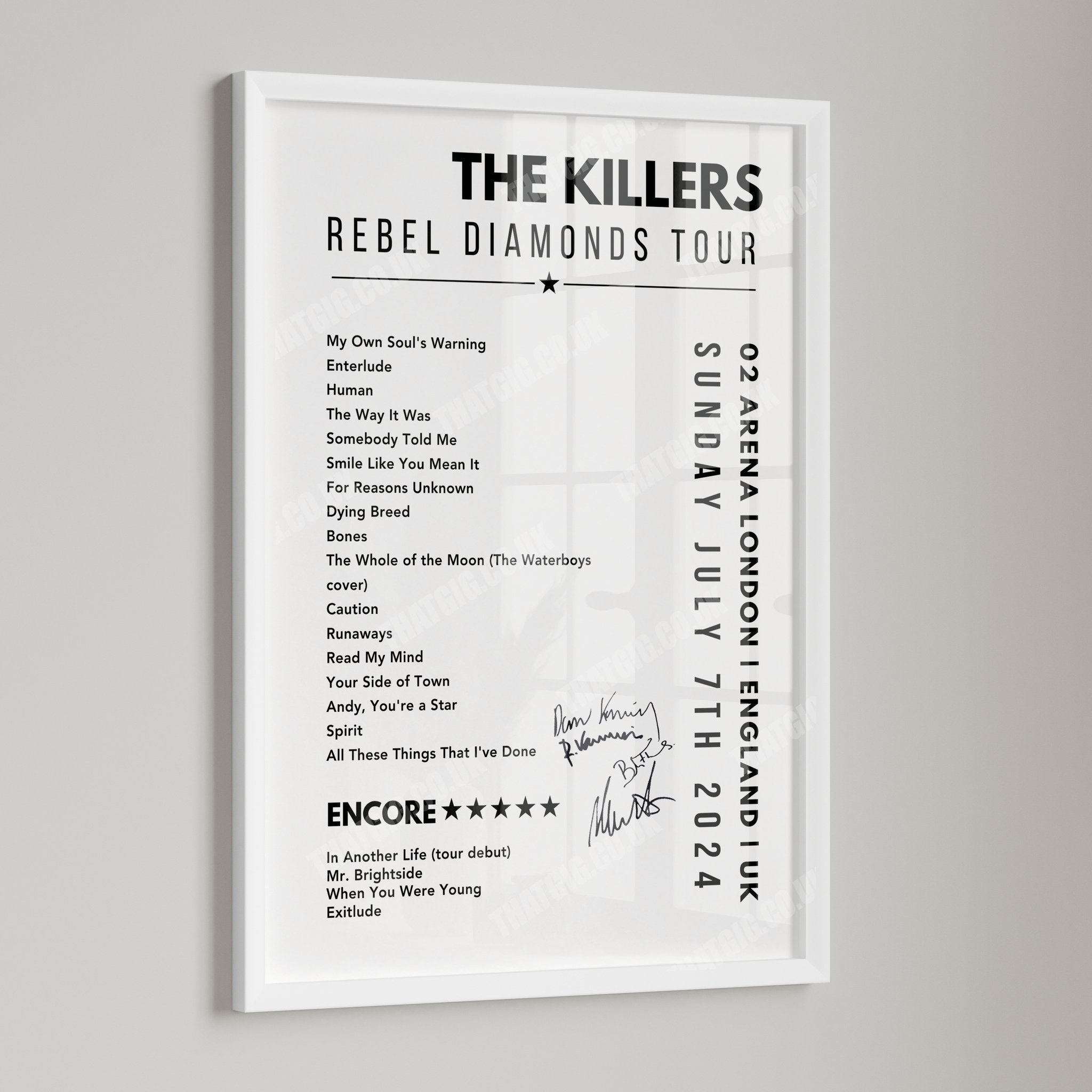 The Killers Setlist Poster - 02 Arena, London, England on July 7th, 2024
