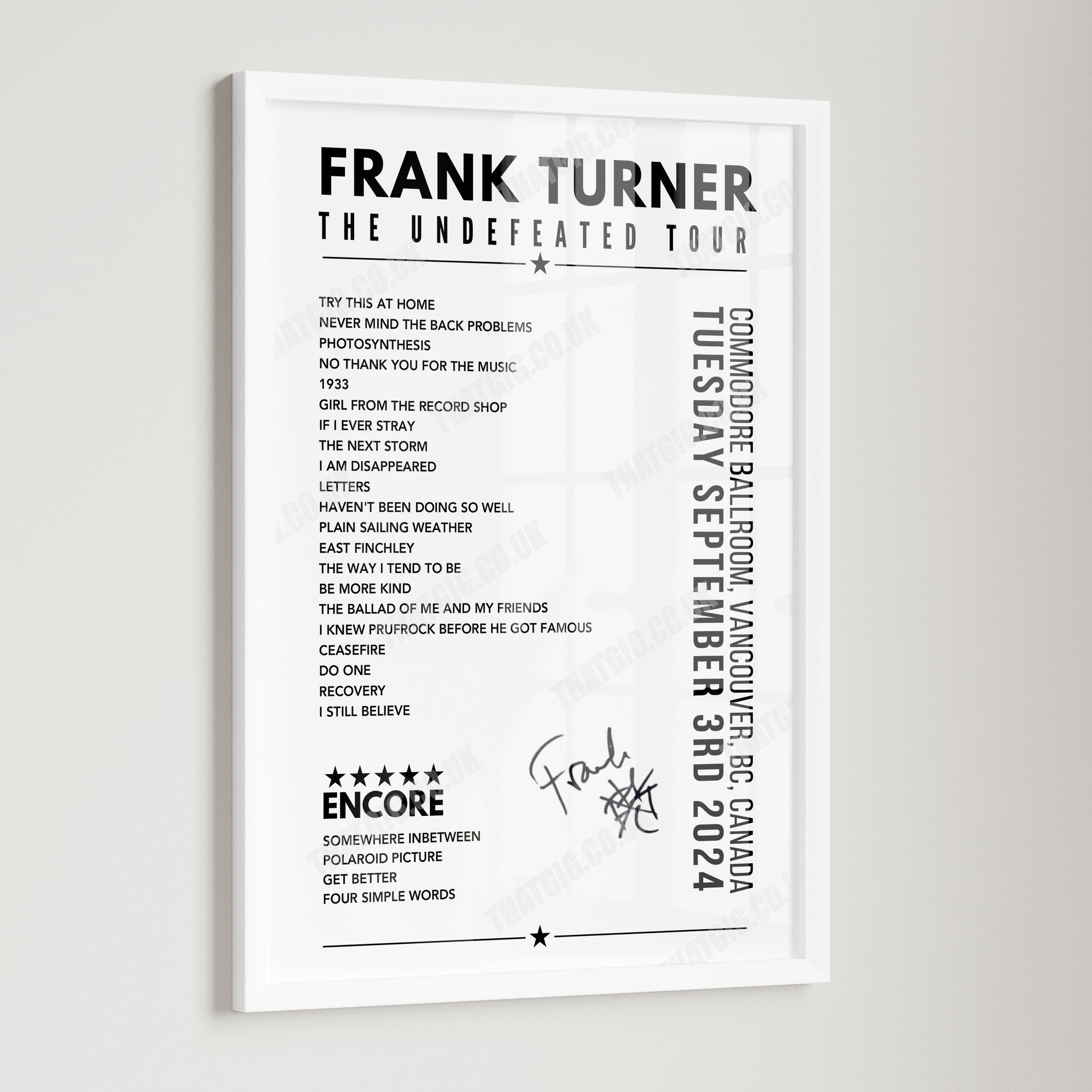 Frank Turner Setlist Poster - Commodore Ballroom, Vancouver - September 3rd, 2024
