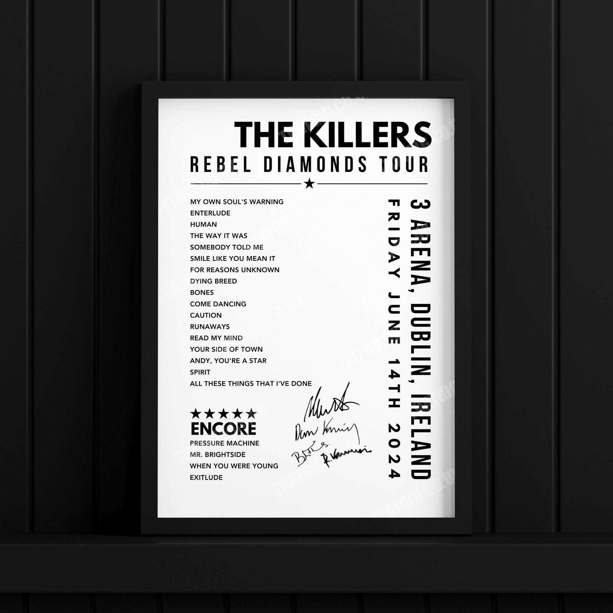The Killers Setlist Poster - at the 3Arena, Dublin - June 14th, 2024
