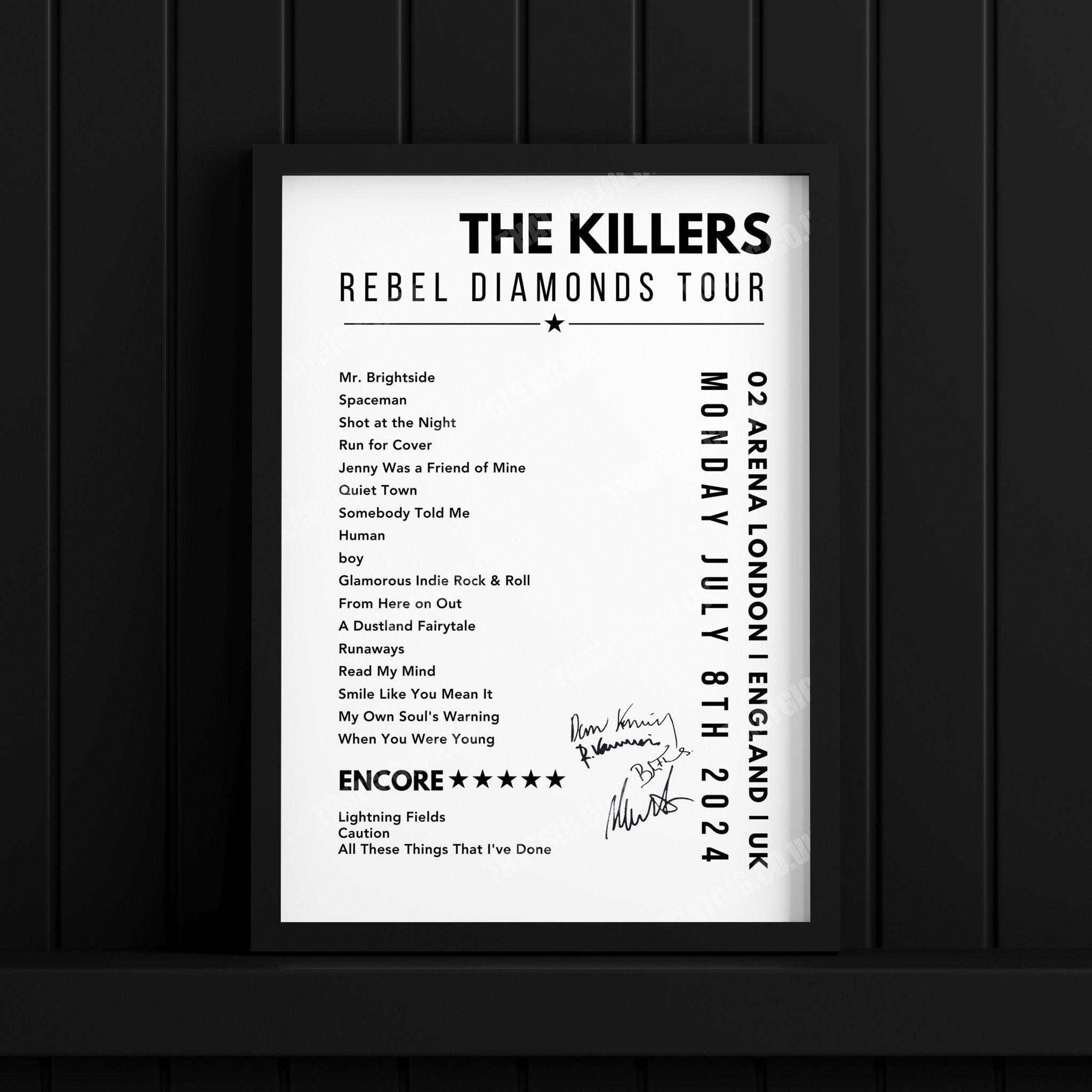 The Killers Setlist Poster - 02 Arena, London, England on July 8th, 2024