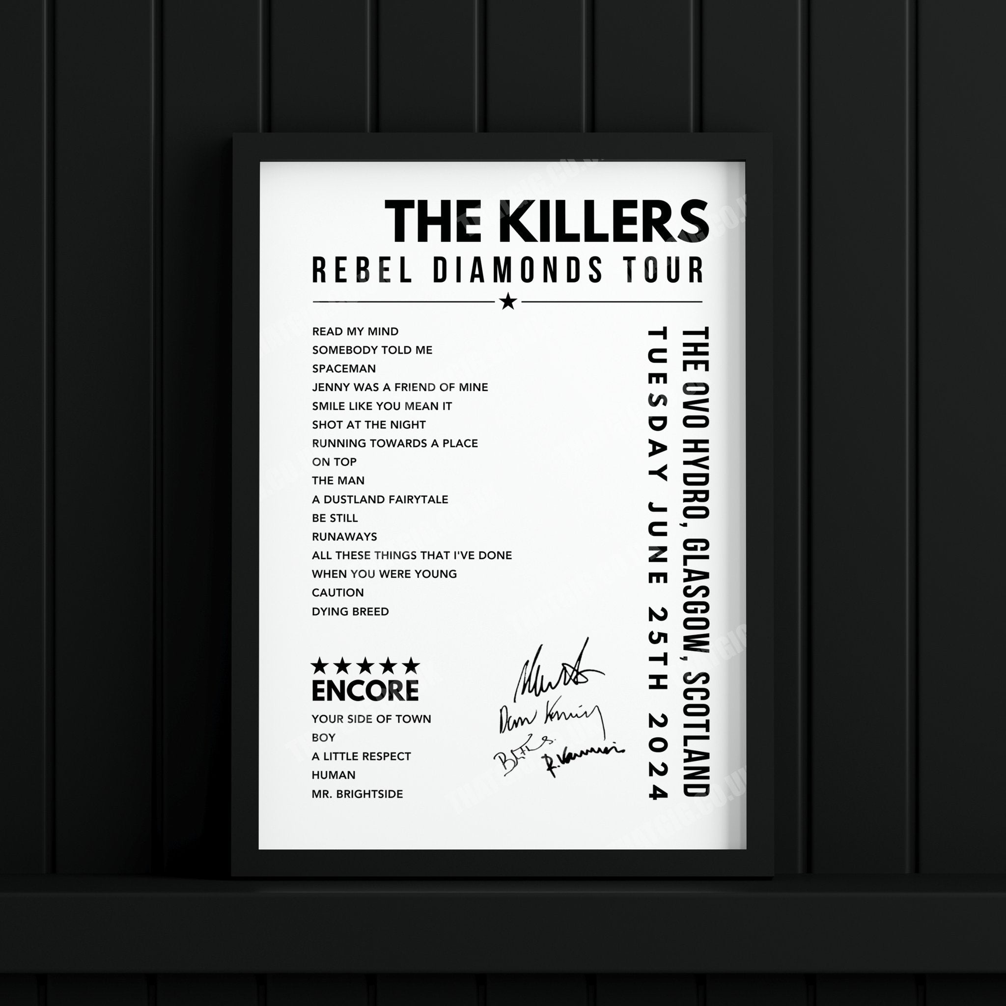 The Killers Setlist Poster - The OVO Hydro, Glasgow - June 25th, 2024