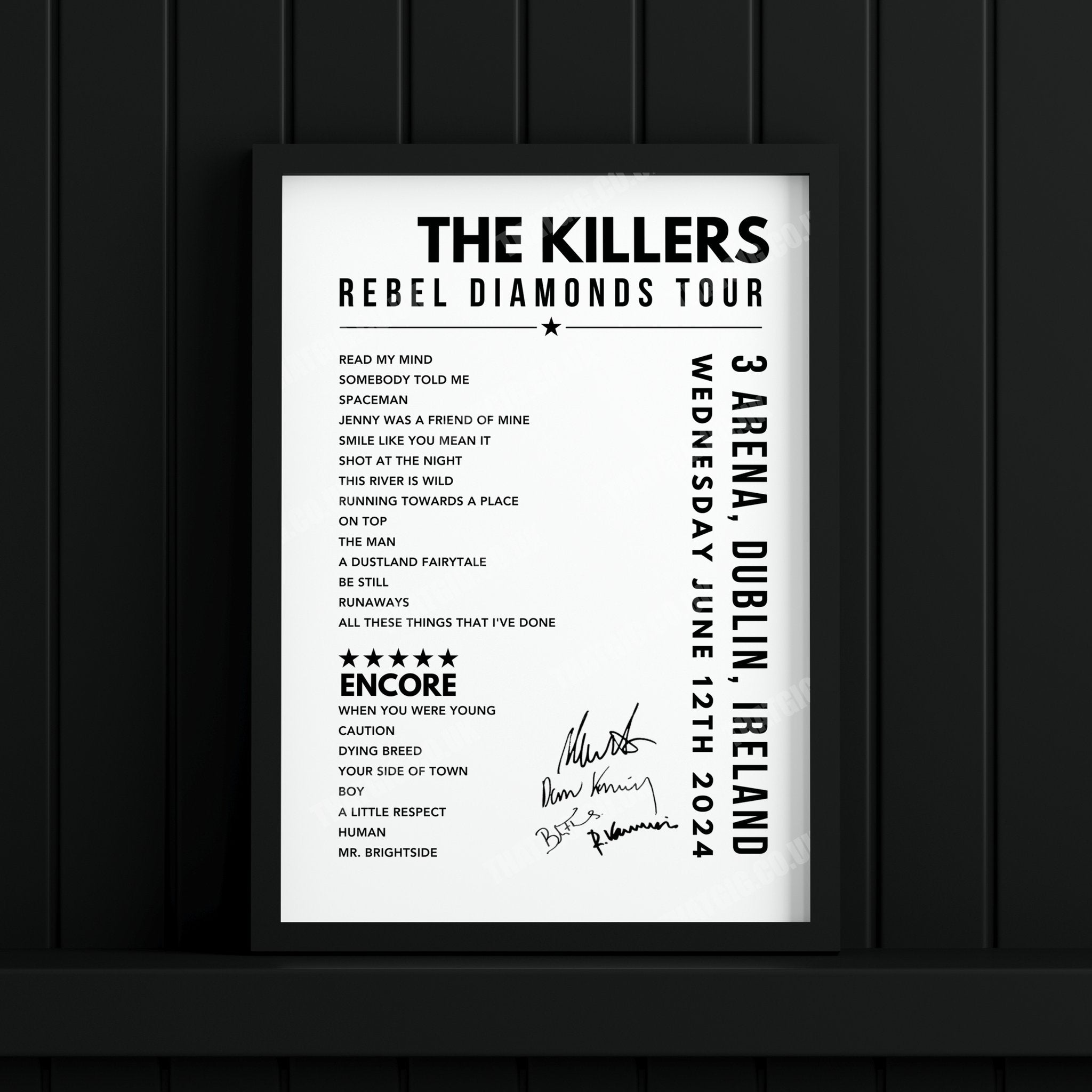 The Killers Setlist Poster - at the 3Arena, Dublin - June 12th, 2024
