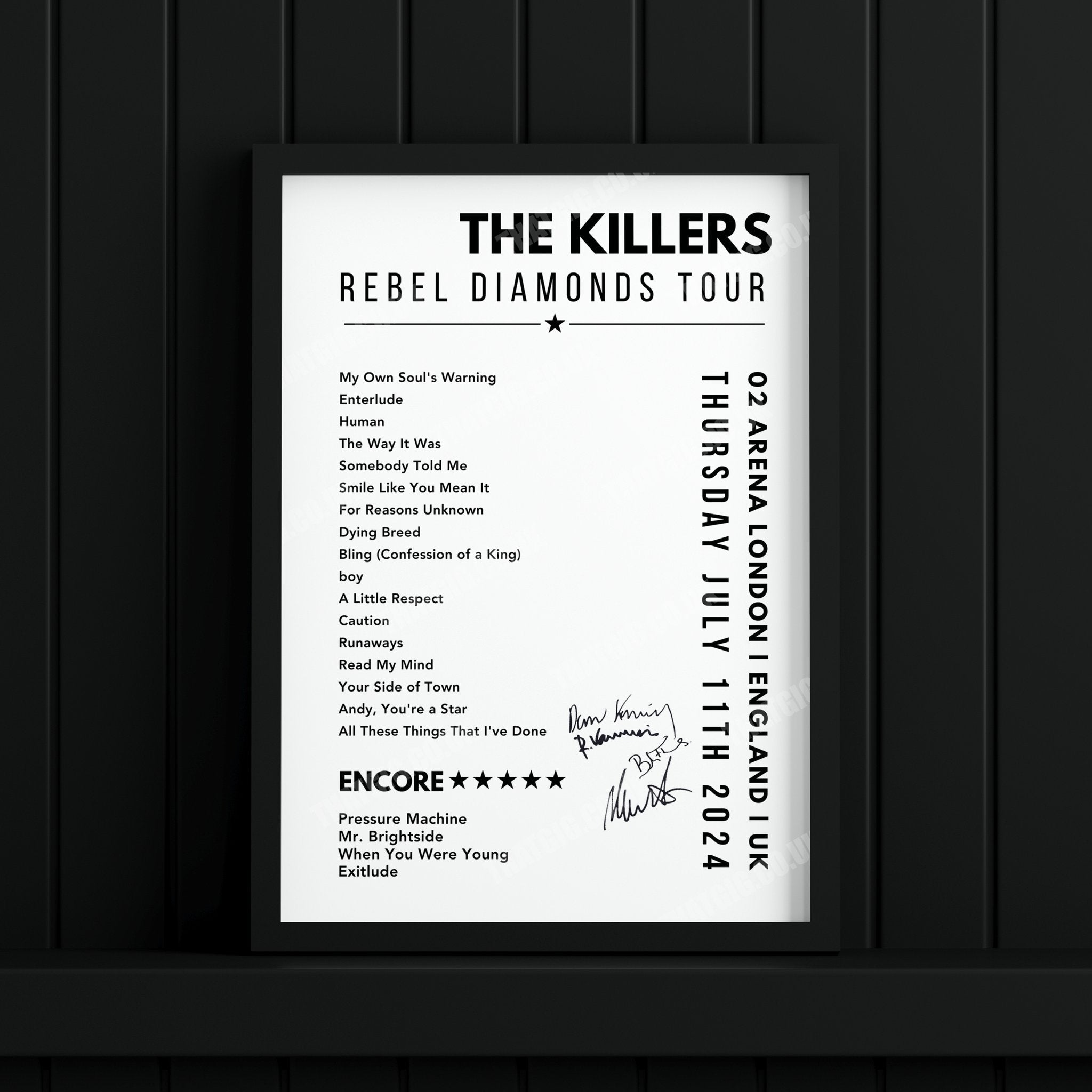 The Killers Setlist Poster - 02 Arena, London, England on July 11th, 2024