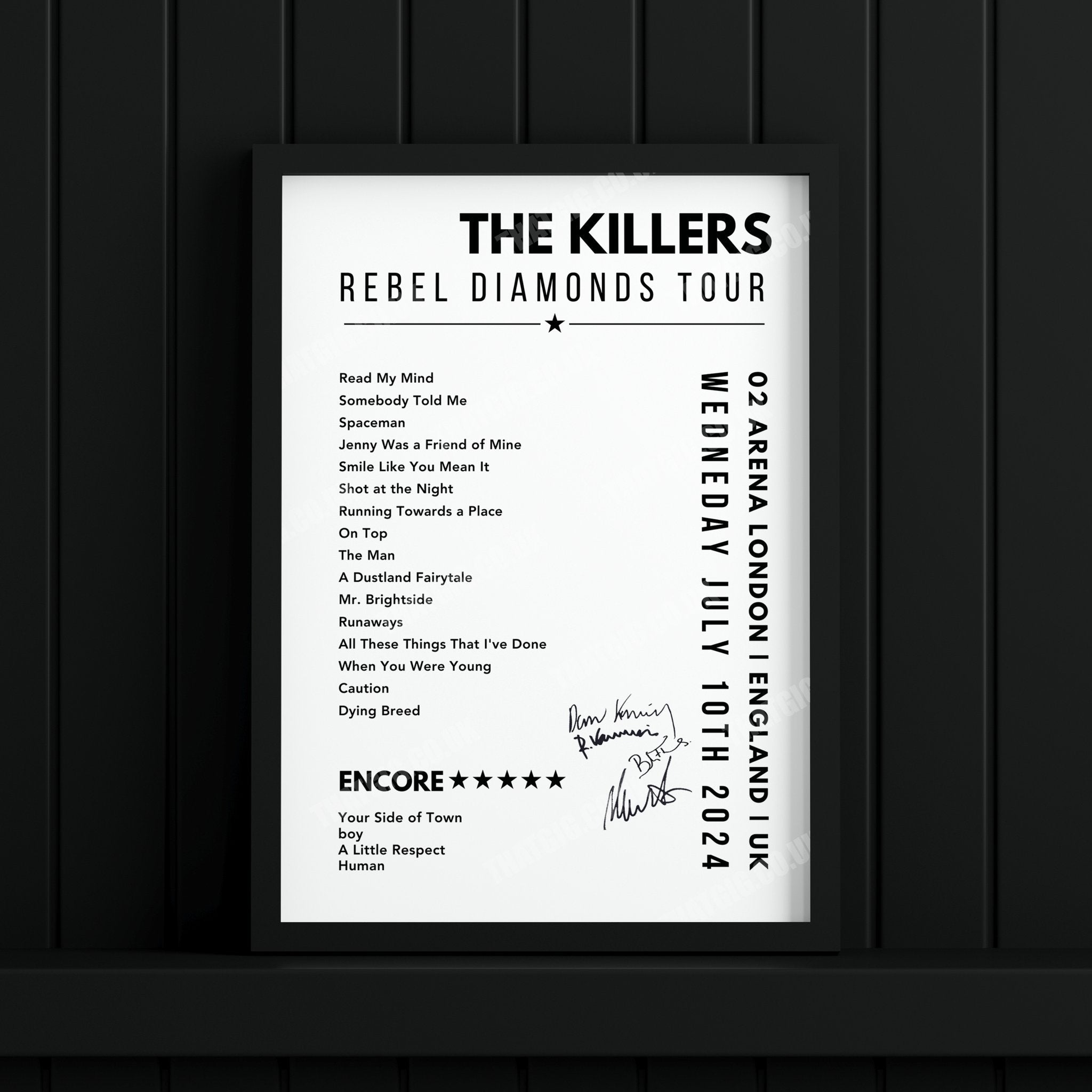 The Killers Setlist Poster - 02 Arena, London, England on July 10th, 2024