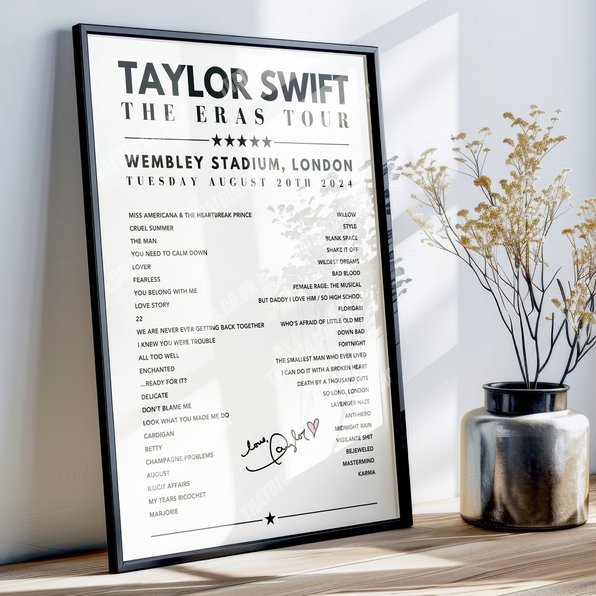 Taylor Swift Setlist Poster - Wembley, London - August 20th, 2024