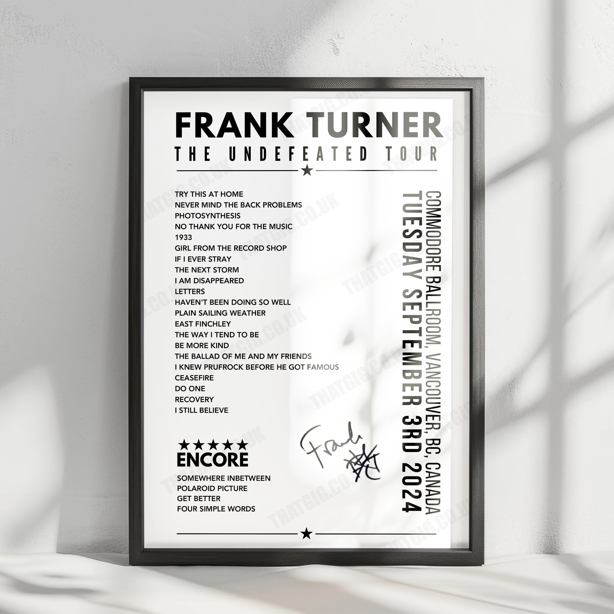Frank Turner Setlist Poster - Commodore Ballroom, Vancouver - September 3rd, 2024