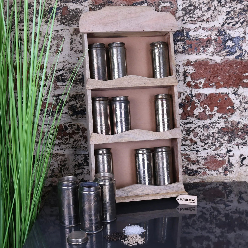 Namak Rustic Wooden Wall Mounted Spice Rack with 12 Vintage Canisters