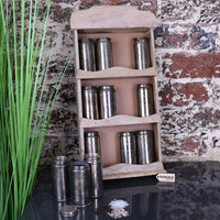 Namak Rustic Wooden Wall Mounted Spice Rack with 12 Vintage Canisters