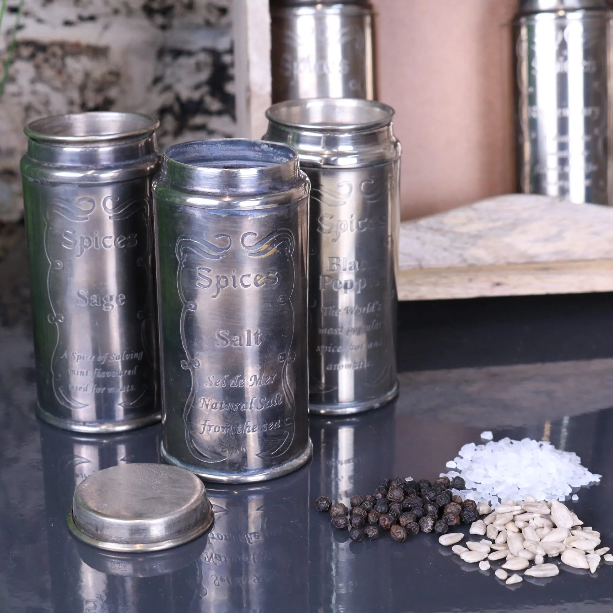 Namak Rustic Wooden Wall Mounted Spice Rack with 12 Vintage Canisters