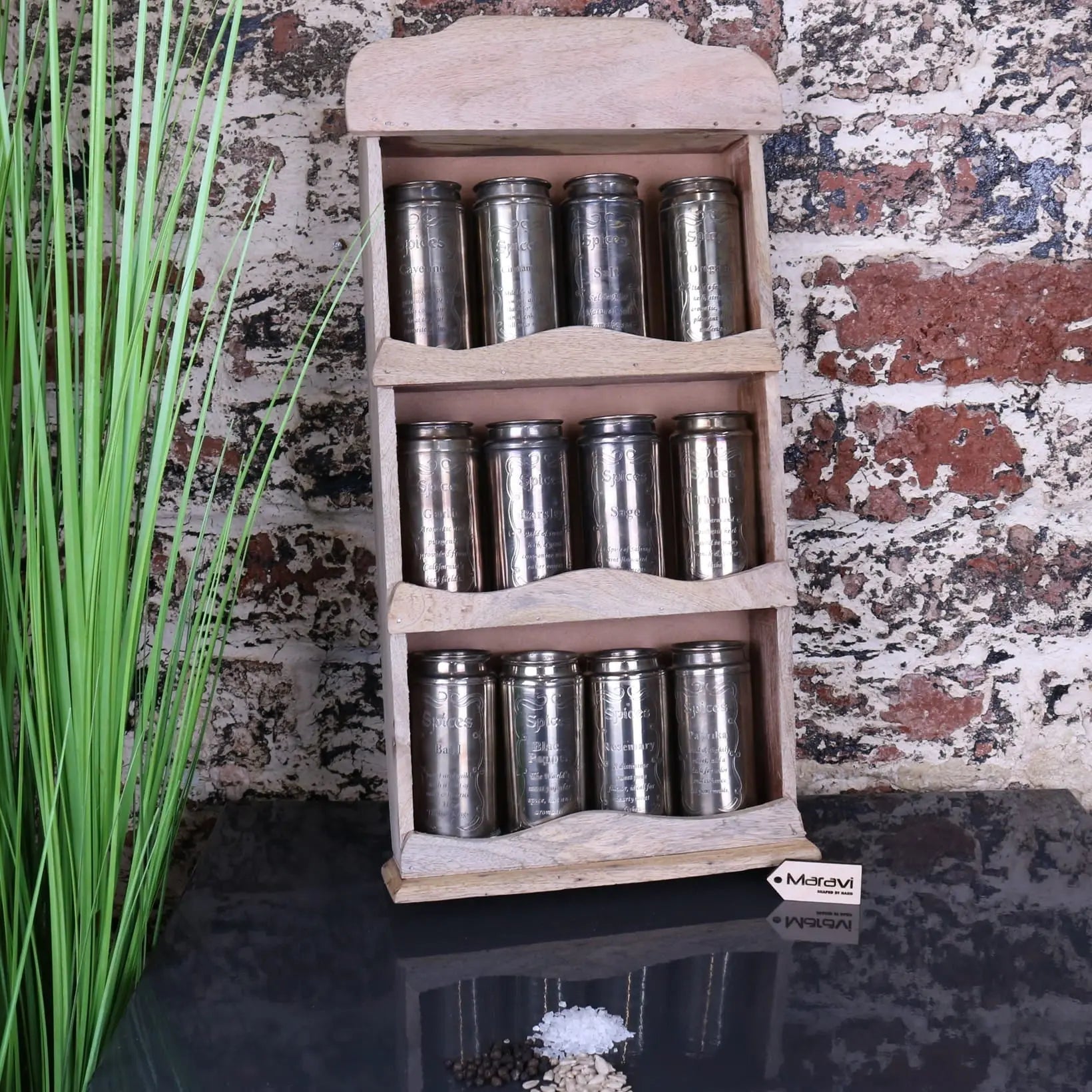 Namak Rustic Wooden Wall Mounted Spice Rack with 12 Vintage Canisters