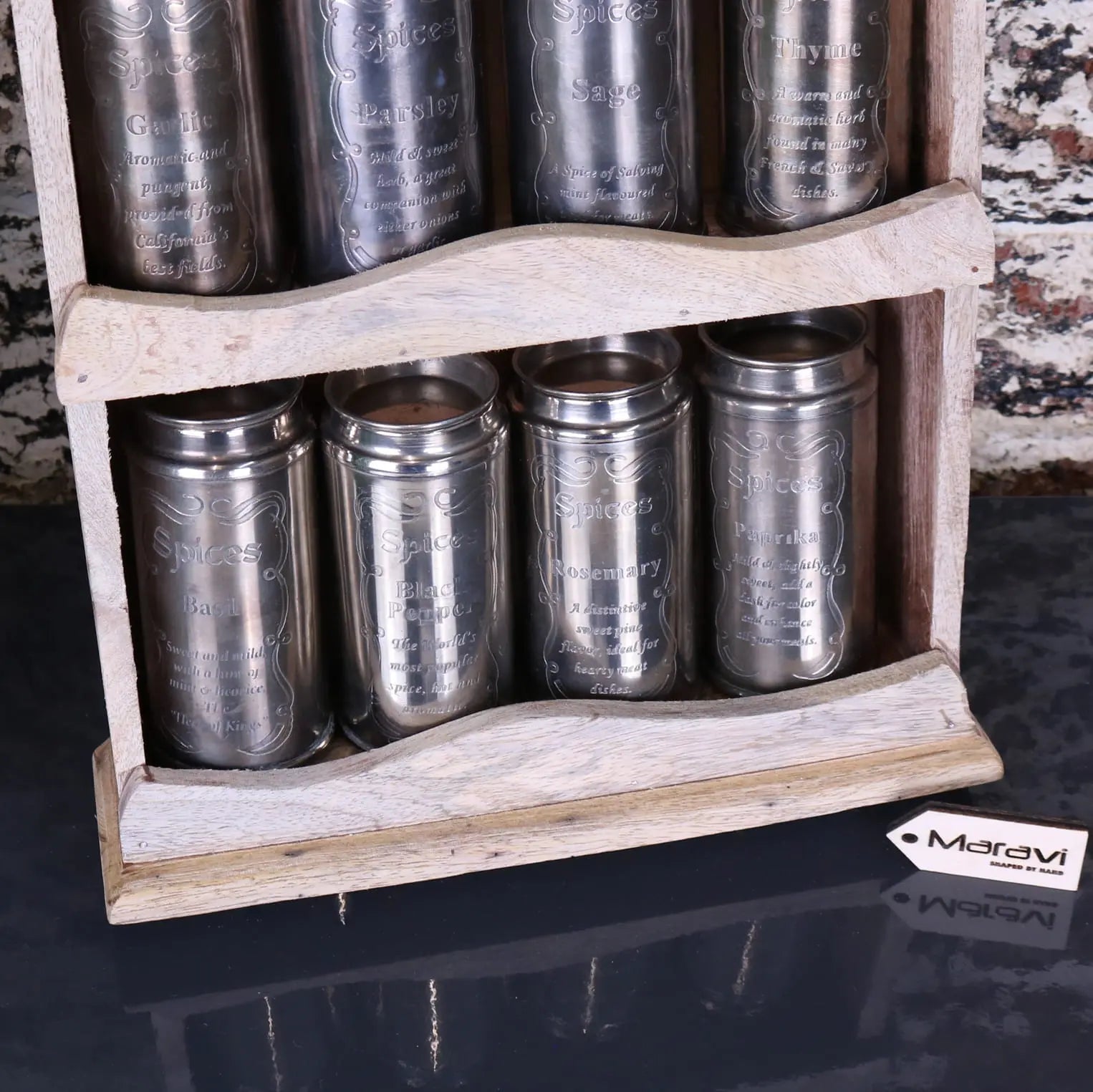 Namak Rustic Wooden Wall Mounted Spice Rack with 12 Vintage Canisters