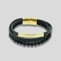 Natural Volcanic Stone Leather Bracelet with Gold Charms