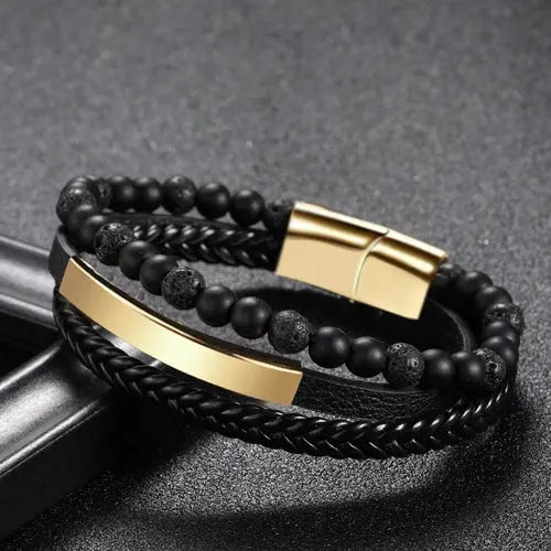 Natural Volcanic Stone Leather Bracelet with Gold Charms