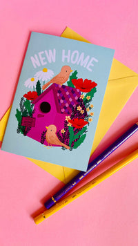 New Home Card- Cute and Colourful Handmade Floral Birdhouse Greetings Card