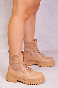 BONNIE CHUNKY ANKLE BOOT WITH KNITTED LEG FIT AND LACE UP IN CAMEL