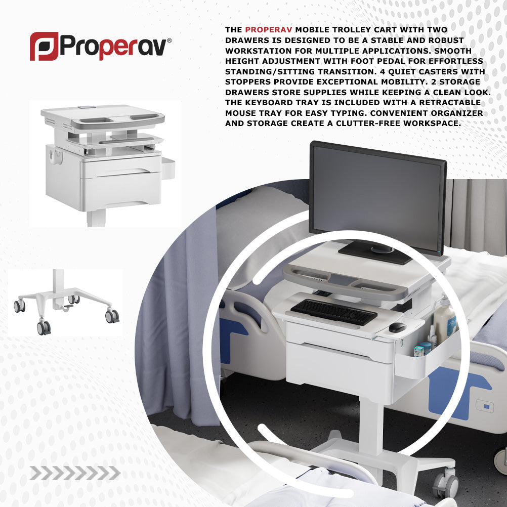 ProperAV Mobile Medical Trolley Cart with Two Drawers