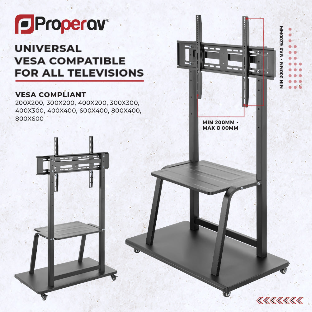 ProperAV Mobile TV Trolley Stand on Wheels for 37" - 100" Screens (150kg Capacity / VESA Max. 800x600)