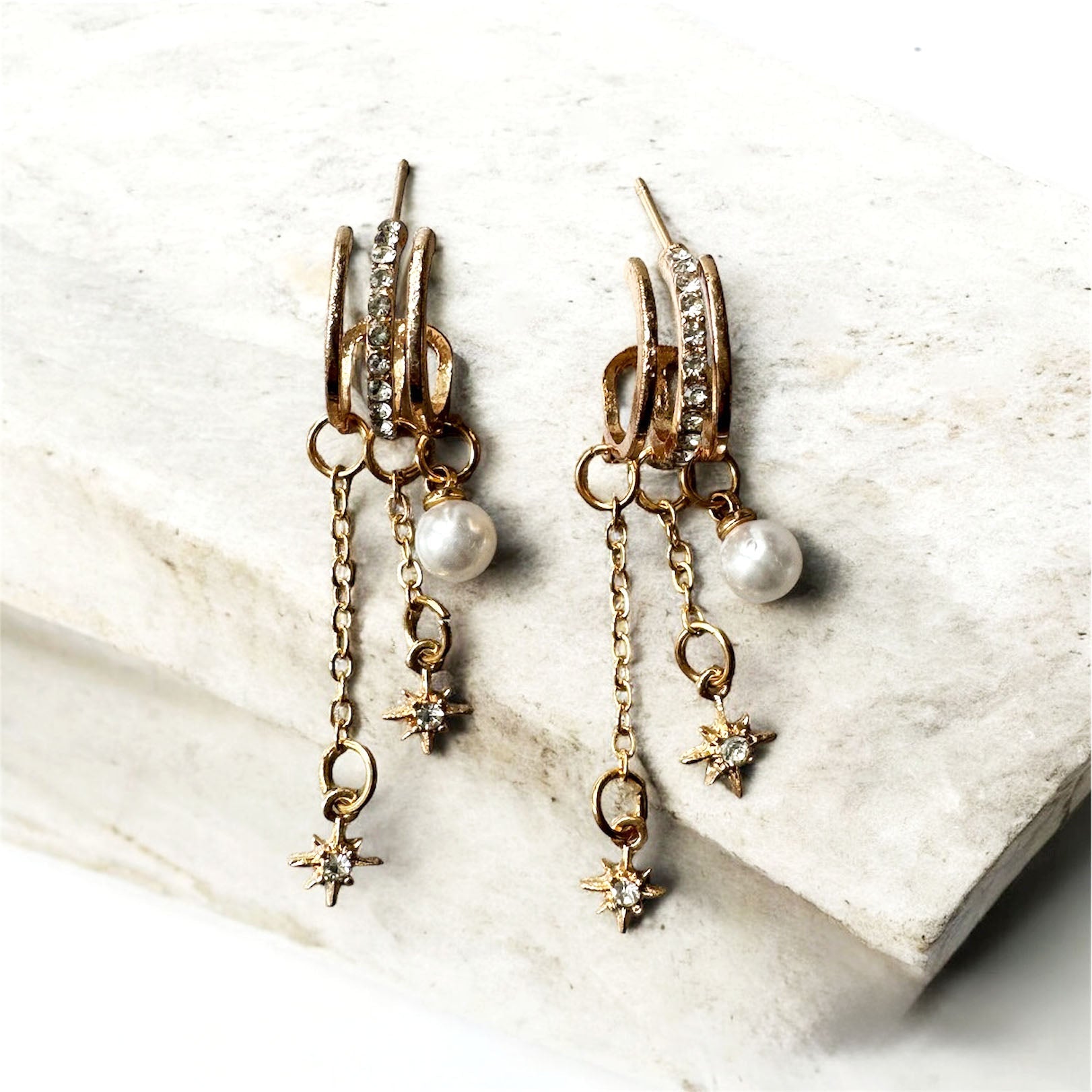 Estella Triple Hoop Celestial Pearl Earrings