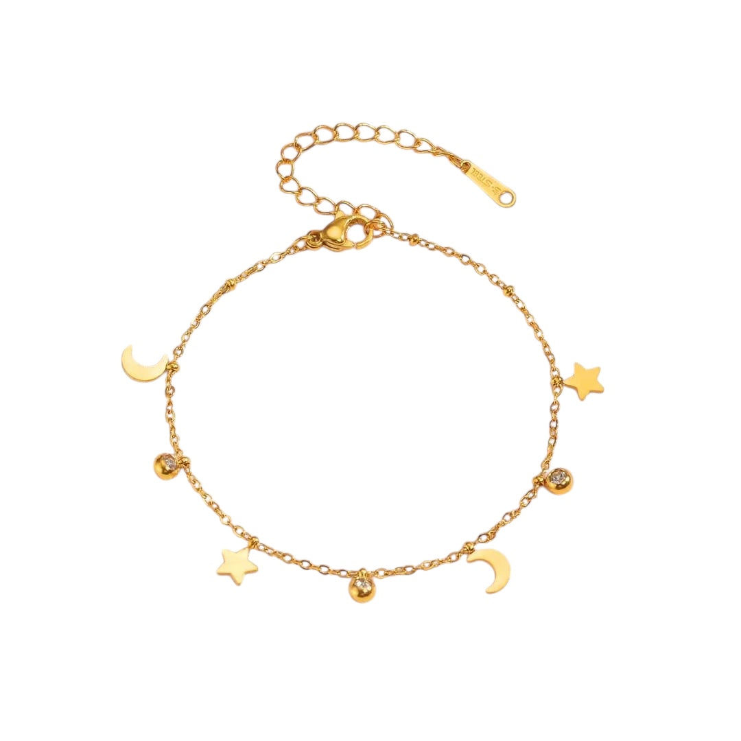Estellia Luxe 18k Gold Plated Celestial Moon and Star Charm Bracelet