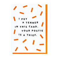 Cheeky Birthday Card - Your Postie Is A Thief by Neonfetti