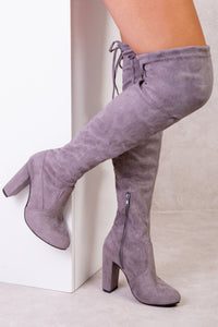 DIANE HIGH HEEL OVER THE KNEE BOOT WITH LACE UP DETAIL IN GREY SUEDE