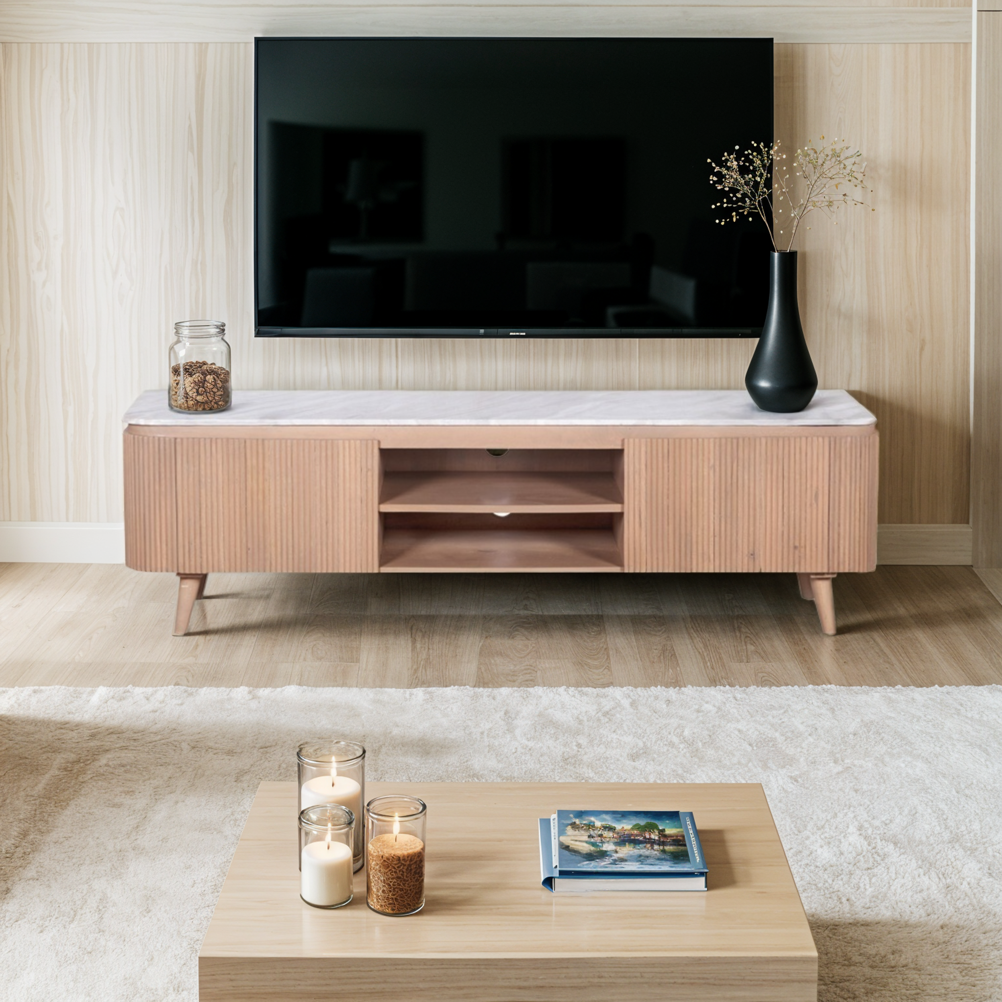 Bundi Natural Marble & Wood Large Tv Cabinet