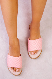 CARMELLA ESPADRILLE FLAT MULES WITH ZIG ZAG STITCH DETAILS IN PINK FAUX LEATHER