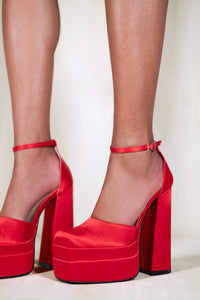 CASSIDY STATEMENT PLATFORM BLOCK HEEL COURT PUMP WITH SQUARE TOE IN ROUGE RED SILK