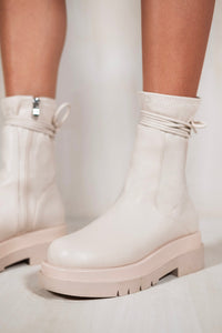 LIZZIE ANKLE ZIP UP BOOT WITH LEG TIE DETAIL IN IVORY CREAM FAUX LEATHER