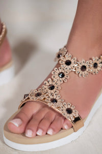 JIMENA LOW WEDGE HEEL SANDAL WITH DIAMENTE DETAIL IN ROSE GOLD