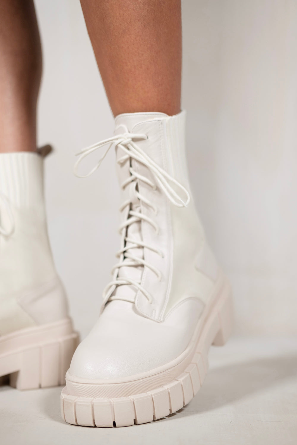 NELLIE CHUNKY ANKLE BOOT WITH KNITTED ELASTIC AND LACE UP IN IVORY CREAM FAUX LEATHER