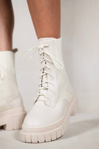 NELLIE CHUNKY ANKLE BOOT WITH KNITTED ELASTIC AND LACE UP IN IVORY CREAM FAUX LEATHER