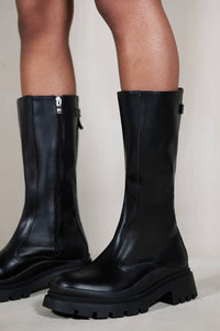 ADALINE CALF BOOT WITH STRETCH PANEL & ZIP UP DETAIL IN BLACK FAUX LEATHER