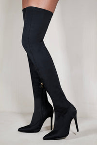 ALIVIA OVER THE KNEE HIGH HEEL BOOT WITH KNITTED LEG IN BLACK LYCRA