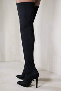 ALIVIA OVER THE KNEE HIGH HEEL BOOT WITH KNITTED LEG IN BLACK LYCRA