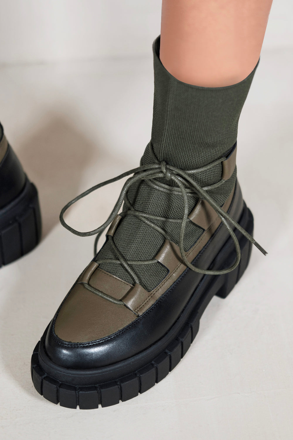 ZURI LACE UP KNITTED CHUNKY SOLE ANKLE BOOTS IN KHAKI