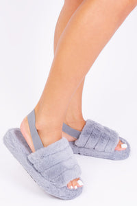 SASHA FLUFFY FAUX FUR MULE SLIPPERS WITH ELASTIC STRAP IN GREY