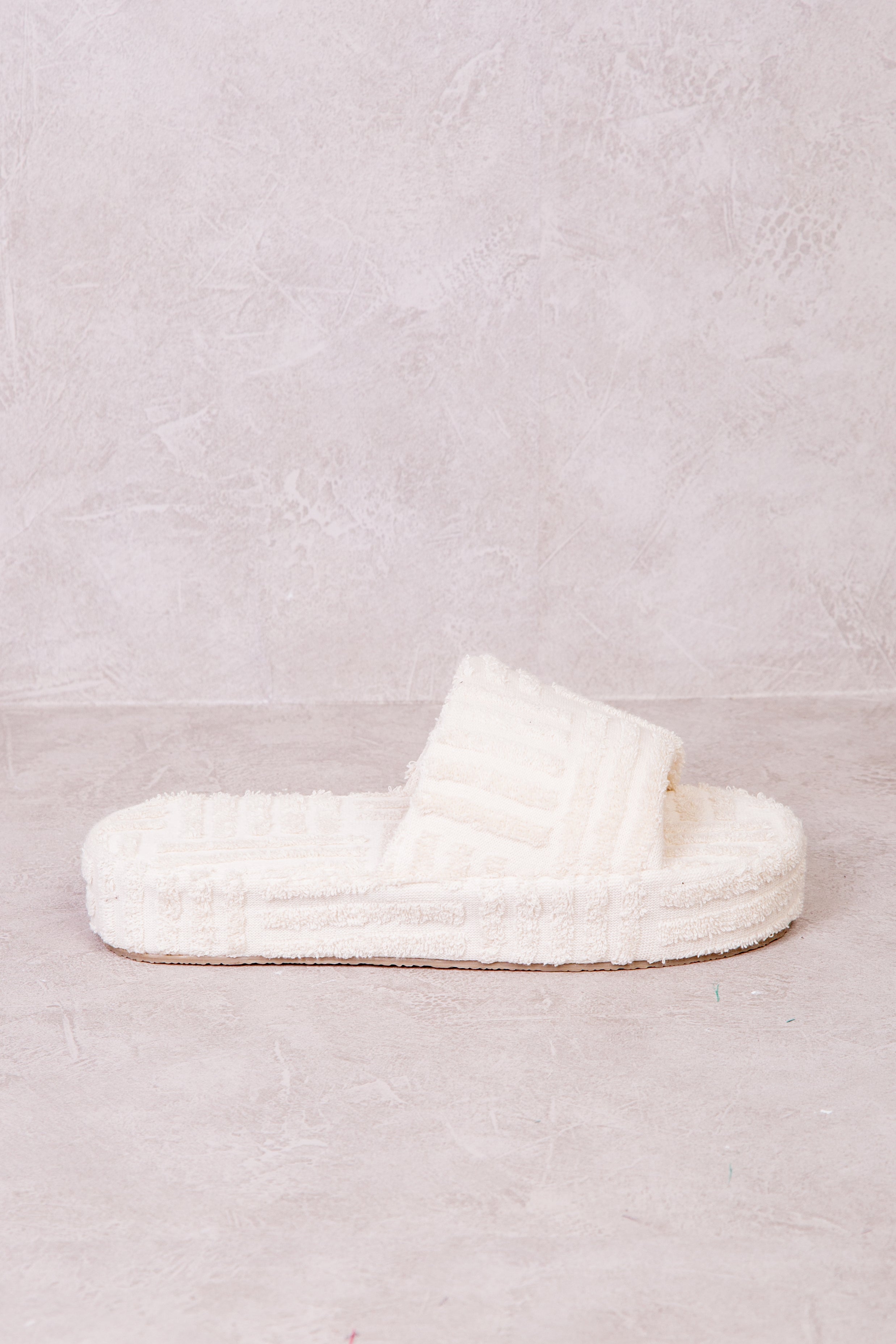 VESPA TERRY TOWEL FABRIC FLATFORM SLIDER IN IVORY CREAM