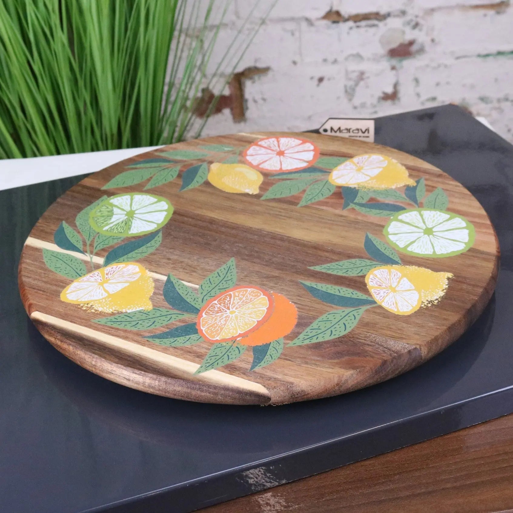 Saitras 35cm Wooden Lazy Susan with Vibrant Citrus Design