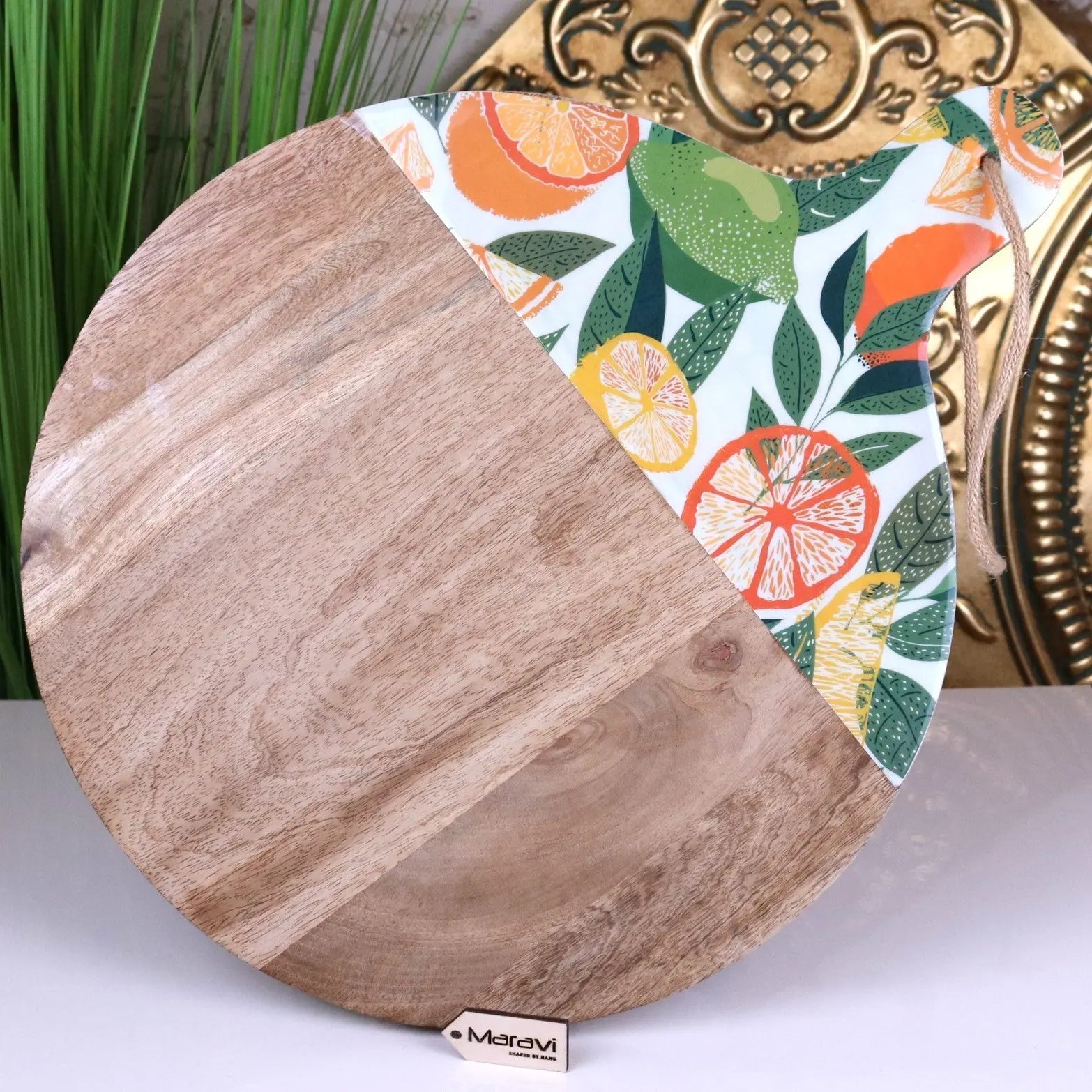 Saitras Enamel Citrus Chopping Board 48cm - Vibrant Mango Wood Design