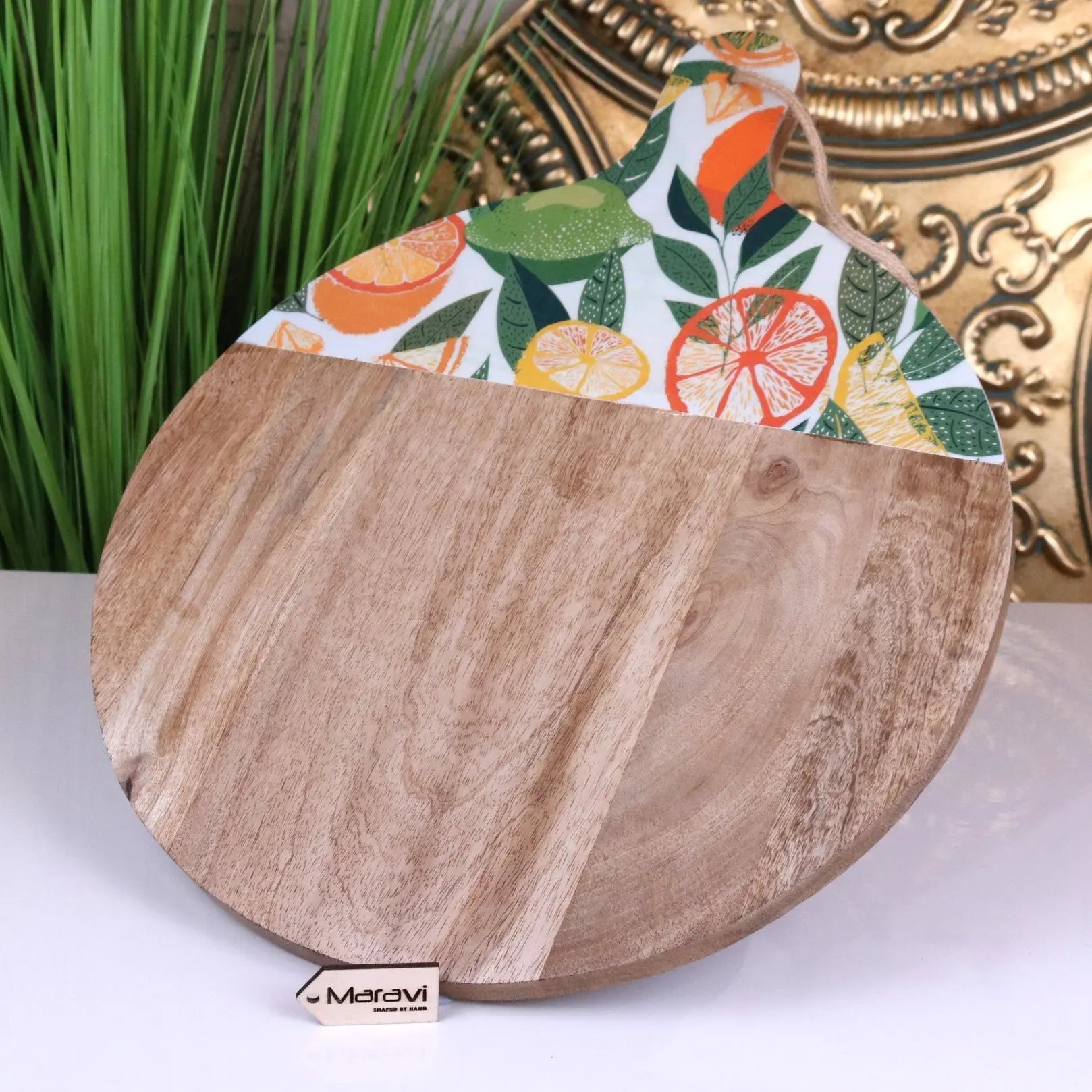 Saitras Enamel Citrus Chopping Board 48cm - Vibrant Mango Wood Design