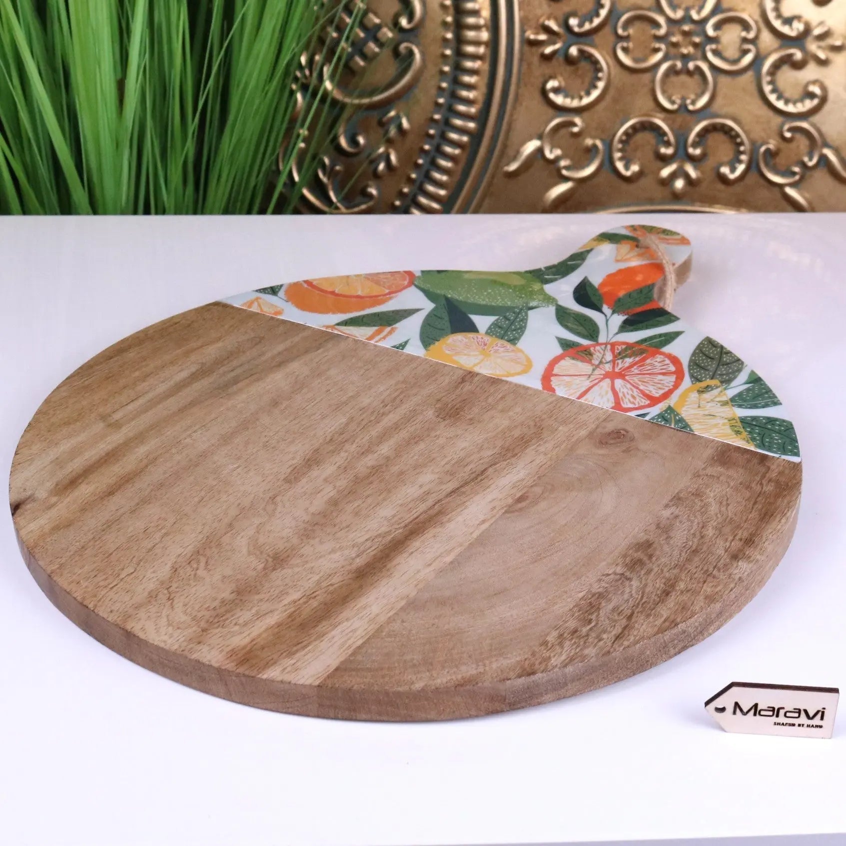 Saitras Enamel Citrus Chopping Board 48cm - Vibrant Mango Wood Design
