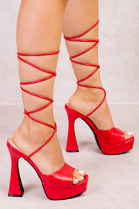 ELEKTRA SUEDE FLARED BLOCK HIGH HEELS WITH STRAPPY LACE UP DETAIL IN ROUGE RED FAUX LEATHER
